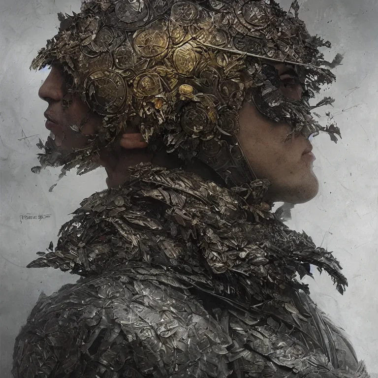 Prompt: dusted tintype portrait of realistic armour made of leaves, seen from behind dramatic light, dystopian environment, intricate, elegant, highly detailed, centered headdress, artstation, sharp focus, artgerm, tomasz alen kopera, peter mohrbacher, donato giancola, joseph christian leyendecker, wlop, boris vallejo, frank frazetta