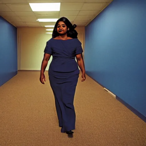 Prompt: Octavia Spencer wandering around in the backrooms, an empy, fluorescent lit office with stained walls and carpet, desolate, still photo from the PT Anderson Film