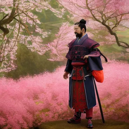 Image similar to ancient chinese samurai standing on a pink blossom tree, beautiful chinese landscape in background, 8 k, octane render, ultra detailed, art by artgerm and greg rutkowski and alphonse mucha, artstation