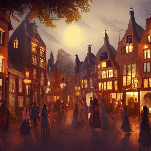 Prompt: A bustling magical town with witches flying on their broom and black cats laying around inspired by Victorian England and Amsterdam, concept art, matte painting, trending on art station, ultra high quality, masterpiece