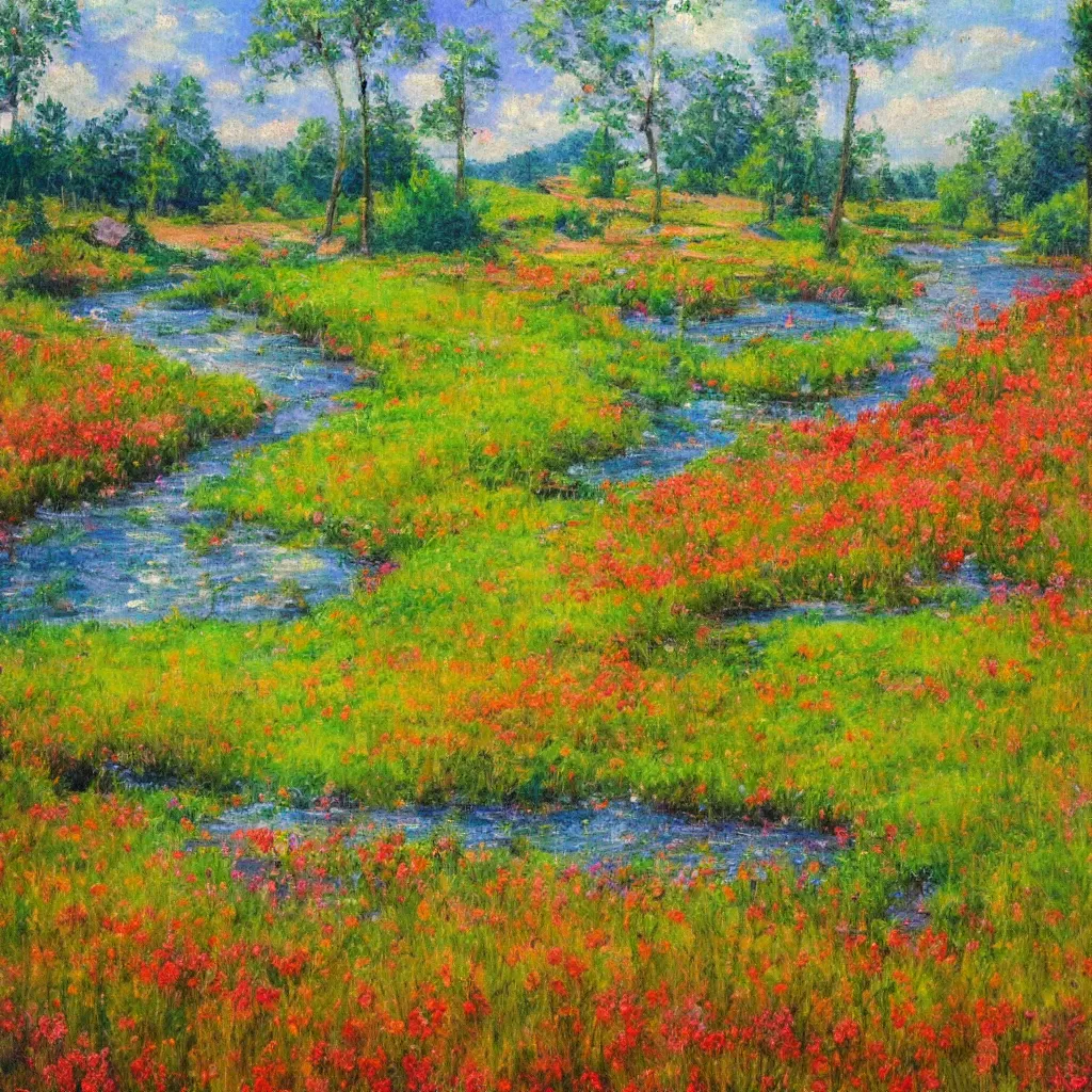 Image similar to an impressionist painting of a gorgeous meadow with a stream flowing through it surrounded by ( ( ( ( ( large mushrooms ) ) ) ) )!!!!!!!!!, psychedelic colors, trending on artstation
