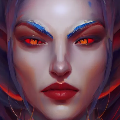 Image similar to A detailed matte oil on canvas head on symmetrical portrait of a beautiful elven woman with blue red eyes heterochomia and red and blue hair by greg rutkowski and Charlie bowater, trending on artstationhd, dungeons and dragons art critical role