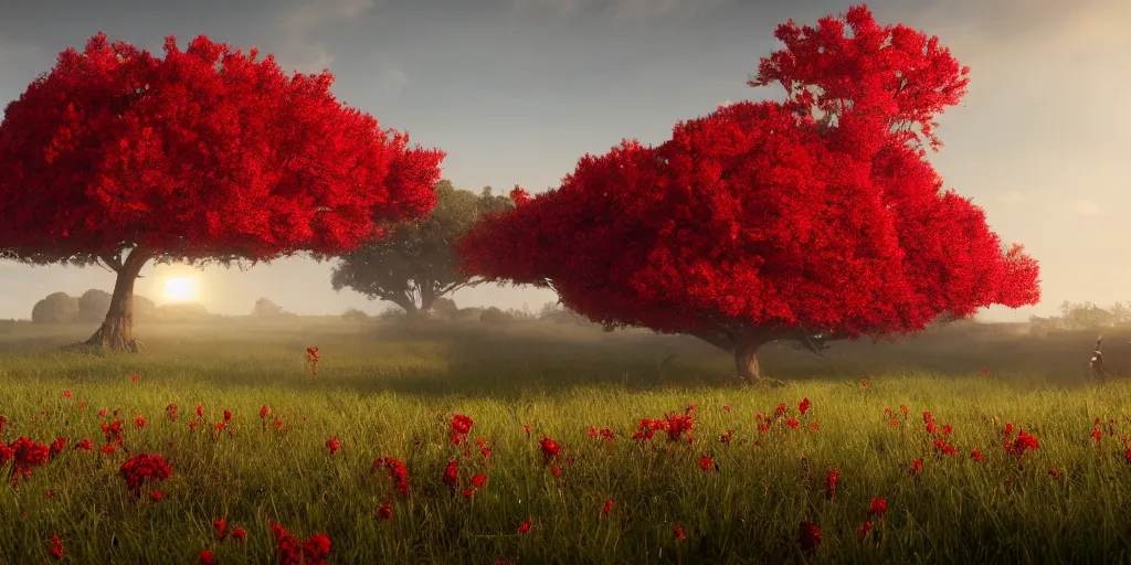 Image similar to a big red tree in the middle of a battlefield near a bunch of red flowers at sunrise, hyperrealistic, concept art, octane render, unreal engine 5, trending on Artstation, high quality, 8K, dramatic lighting, cinematic, high coherence, highly detailed, Midjourney style, epic scene, path traced, low contrast, complementary colors