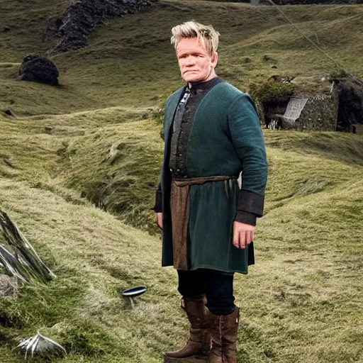 Image similar to gordon ramsay as hobbit in the shire