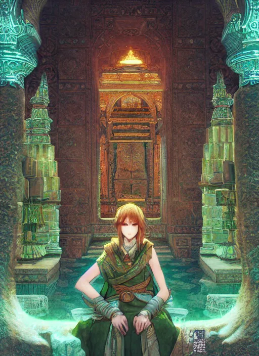 Image similar to portrait of the emerald herald at a desert temple, hidari, color page, tankoban, 4K, tone mapping, Akihiko Yoshida.