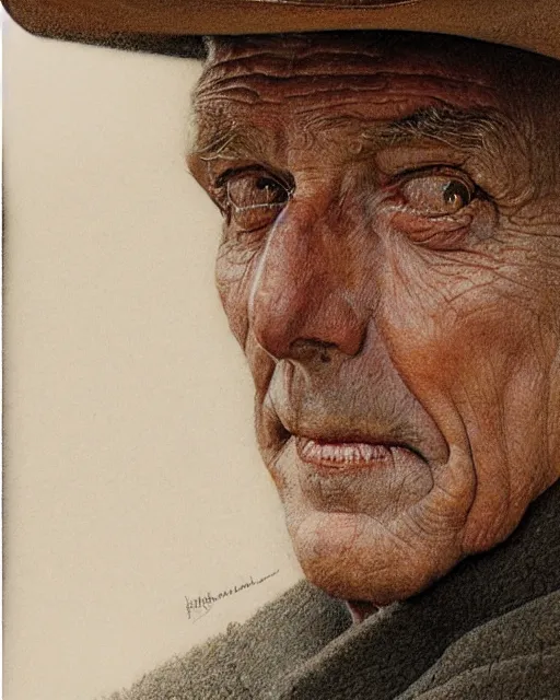 Image similar to high quality high detail pencil drawing by norman rockwell, hd, close up portrait, old cowboy, muted pastel colors, photorealistic lighting