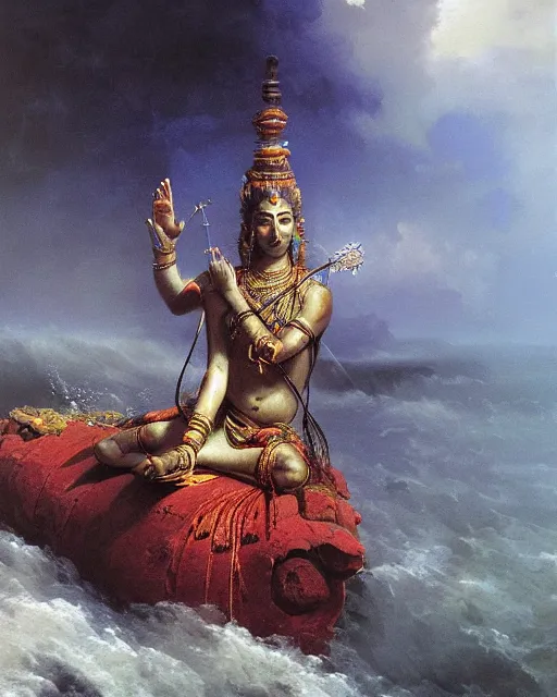 Image similar to One many-armed Shiva. In the background gasoline on the water. Drops of blood. High detail, hyperrealism, masterpiece, close-up, ceremonial portrait, solo, rich deep colors, realistic, art by Yoshitaka Amano, Ivan Aivazovsky