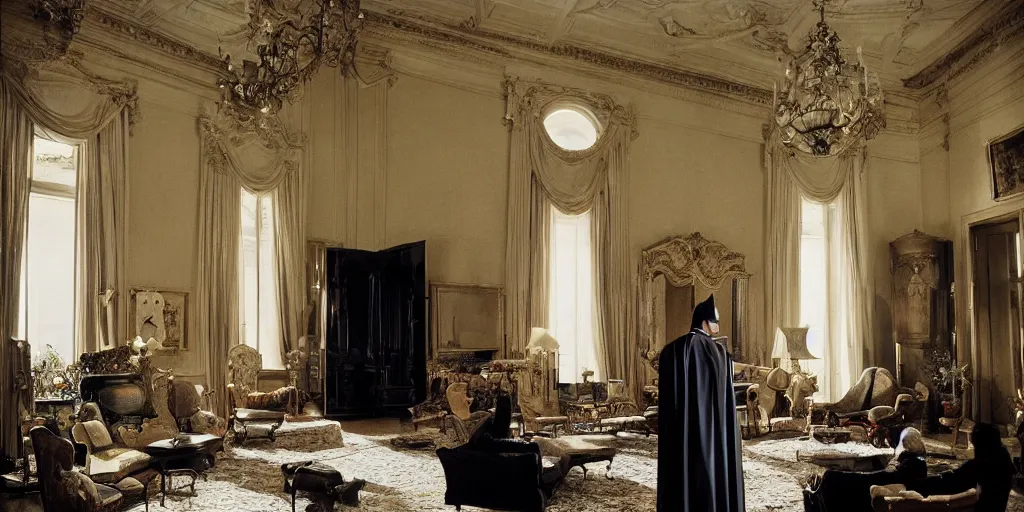 Prompt: Batman standing in giant Italian modern castle living room, photo by Annie Leibovitz