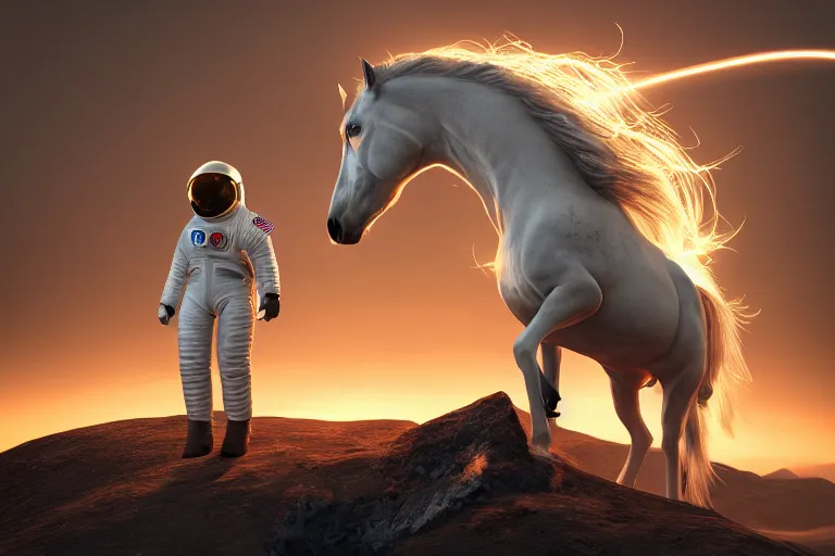 Prompt: a horse on top and an astronaut on bottom, 4 k, ultra details, cinematic, epic style, beautiful photo, hyper realistic, octane render, unreal engine, award winning, on artstation, volumetric lightning, masterpiece, golden hour,