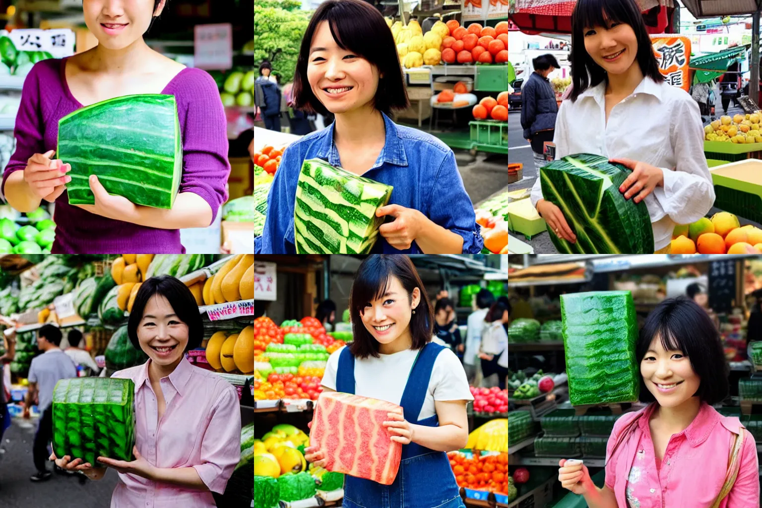 Prompt: closeup photo of Chie Satonaka holding a square watermelon at a fruit market in Tokyo