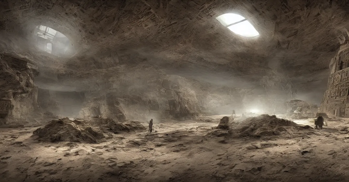 Prompt: focus on futuristic archaeologist excavating buried huge alien spaceship, in the hidden room in egypt pyramid, reflections, volumetric light in rain, horror atmosphere, visual fidelity and plasticity, deep depth, defocus, in style of james paick, rendered in vray, raytracing, raymarching