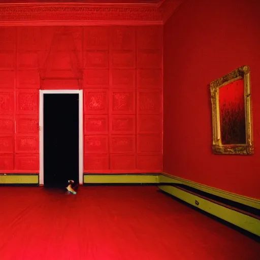 Prompt: a suffers in despondency in the hyper expanse of the red room