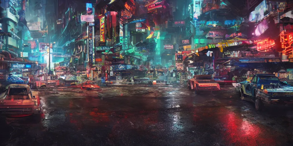 Image similar to a 3 d rendered in unreal engine guatemalan cyberpunk city with neon ads and signs with evocative dramatic mood with blade runner vibe with cars with motion blur with depth of field with bloom with lightshaft with volumetric lights, fog, by scott robertson, oscar winning graphics, photo realistic, bloom, imax, dynamic lighting, artstation,