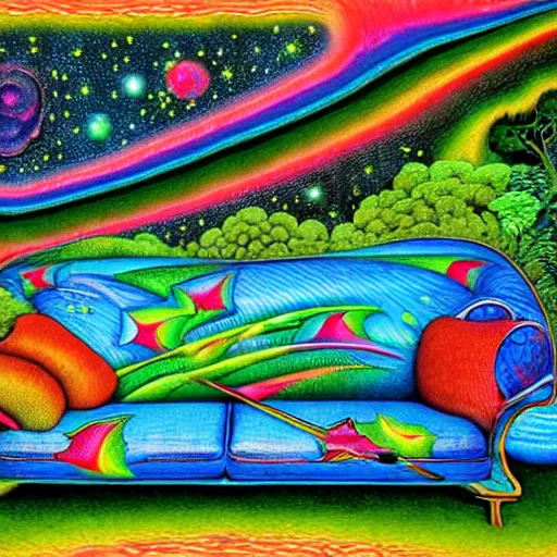 Image similar to psychedelic couch sofa in the lush forest, guitar, milky way, designed by moebius, rob gonsalves, gustav dore, giuseppe arcimboldo and carl barks, louis wain, trending on artstation, canada, star, sharp focus, colorful refracted sparkles and lines, soft light, 8 k 4 k