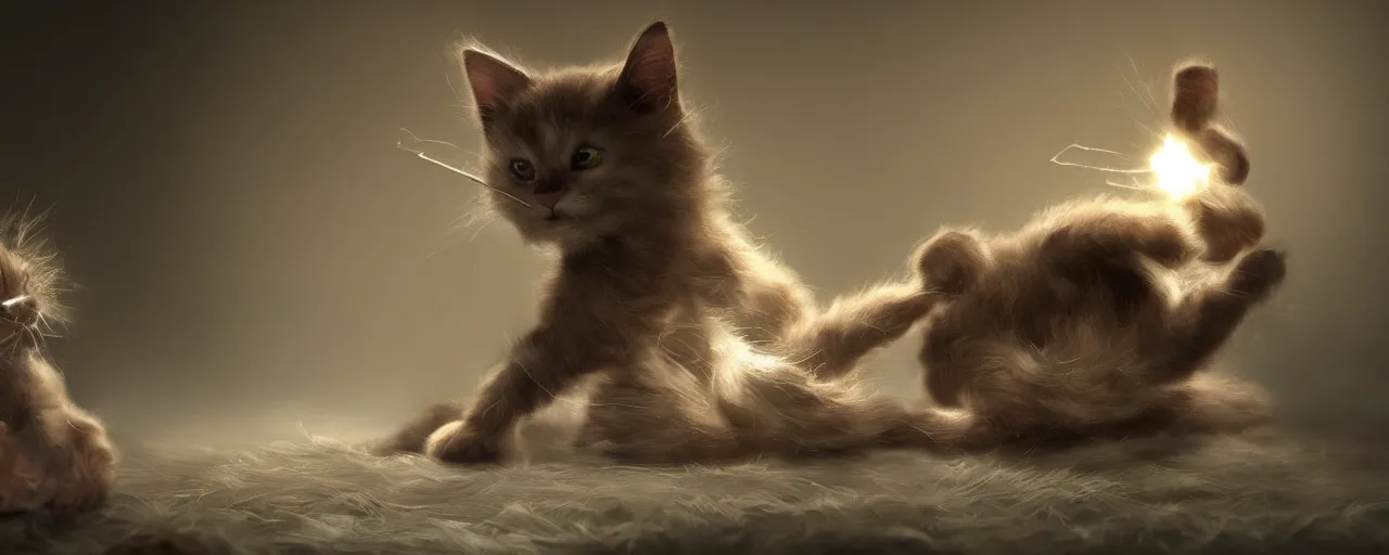 Prompt: a giant kitten playing with yarn in play house, beautiful dynamic lighting, cinematic, wide angle establishing shot, extremely high detail, photo realistic, cinematic lighting, post processed, concept art, artstation, matte painting, style by Anne-Louis Girodet , unreal engine 8k