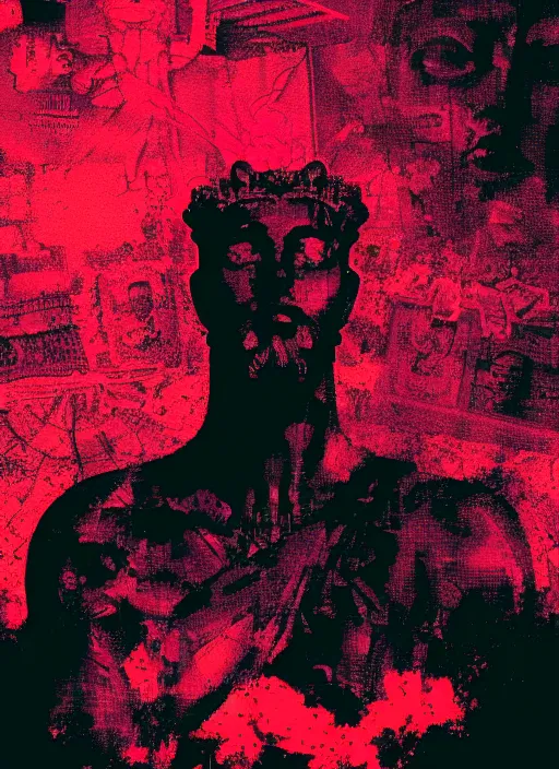 Image similar to black background with subtle red and purple design elements, mostly dark, statue of zeus, nekro, graphic design, collage art, thin lines, dark, glitch art, neo vaporwave, gritty, layout frame, square, trending on artstation