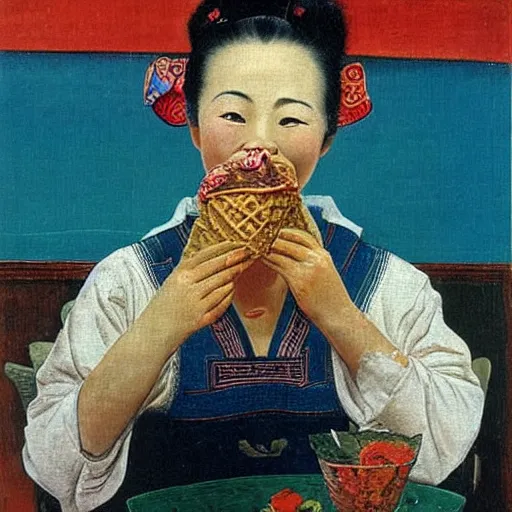 Prompt: happy chinese woman eating icecream in a painting by max ernst