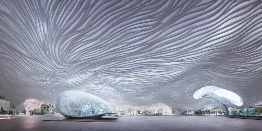 Prompt: extremely detailed awe stunning beautiful futuristic smooth curvilinear museum interior\, translucent gills, zaha hadid, stunning volumetric light, stainless steel, concrete, translucent material, beautiful sunset, hyper real, 8k, colorful, 3D cinematic volumetric light, atmospheric light