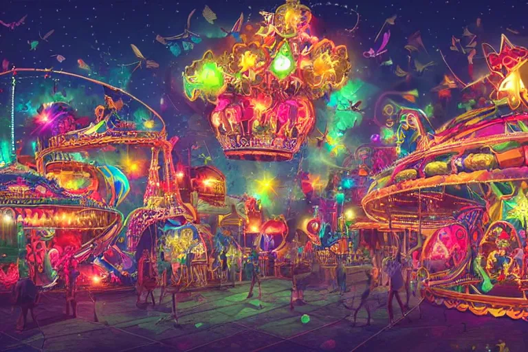 Image similar to a night carnival in a dreamworld, night, dark background, glowing lights, beautiful lighting, highly detailed digital art, trending in behance.