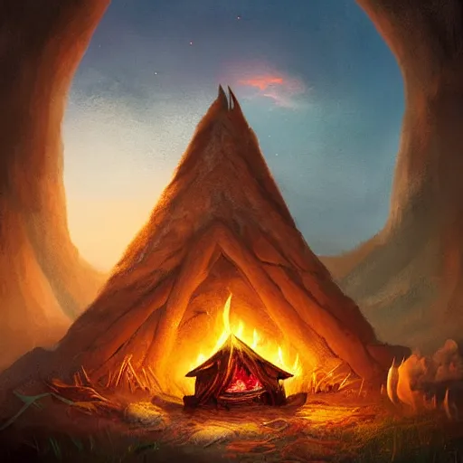 Prompt: A dragon native living in a small clay hut near a campfire, extremely stunning and detailed digital painting, cinematic, 8k, dreamy, immersive