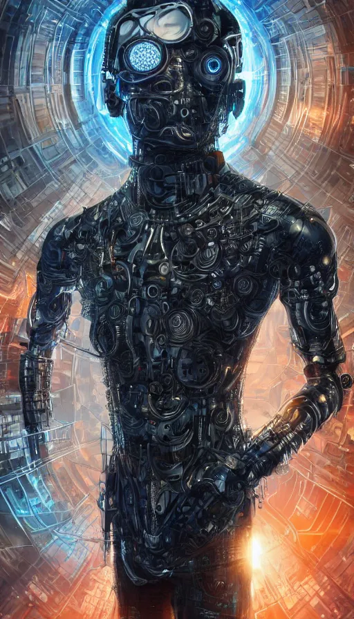 Image similar to full body head to toe portrait of a cyberpunk sci-fi cyborg netrunner bionic man, third person, D&D, sci-fi fantasy, matrix , intricate, black with shiny silver and orange fringe highlights, highly detailed, art by Range Murata, highly detailed, 3d, octane render, bright colors, digital painting, trending on artstation, sharp focus, illustration style of Stanley Artgerm, dramatic background