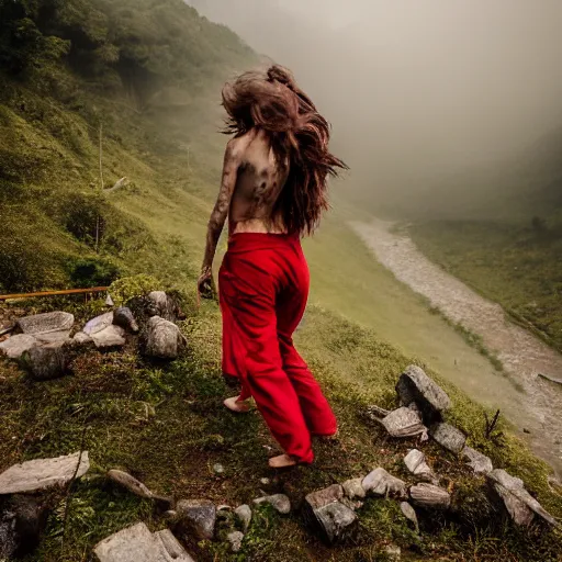 Image similar to define the character of a beautiful girl, messy long red hair, messy wet grey tribal clothes, short torn up pants, she is walking on a mountain and we see down in a deep valley a very poor old shanti town with wooden ruins, medieval time, heavy rain, late at night, mist, cinematic, 8 k,