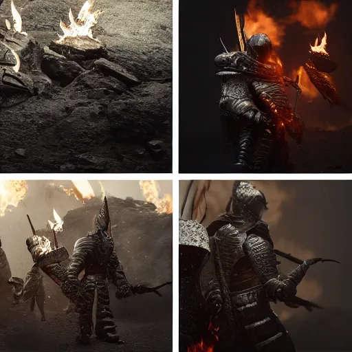 Image similar to hyperrealistic dslr film still of armor disguised as burning embers, in skyrim, stunning 8 k octane comprehensive 3 d render, inspired by istvan sandorfi & greg rutkowski & unreal engine, perfect symmetry, dim volumetric cinematic lighting, extremely hyper - detailed, extremely lifelike attributes & lifelike texture, intricate, masterpiece, artstation, stunning