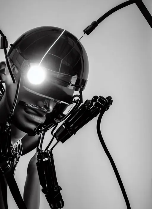 Image similar to Close upper body shot. Artistically angled subject. Professional studio portrait lighting. Technological fashion photography. Mechanical wearables designed by Ikeuchi Hiroto. Hydraulics. Reflective domes. Bulky wearables. Receiver Antennae.