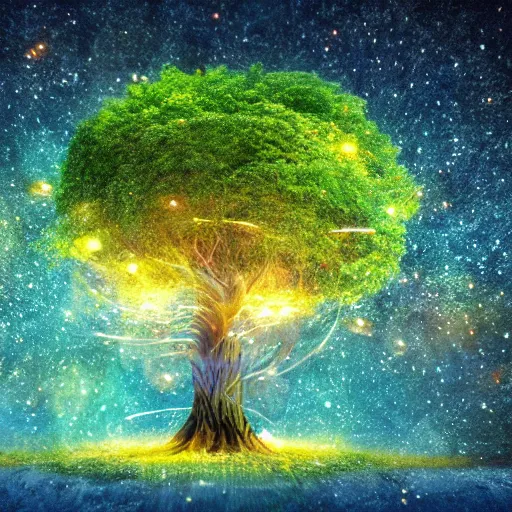 Image similar to photo of a mystical giant tree full of fireflies, blue golden leafs, fantasy world, ultra realistic details