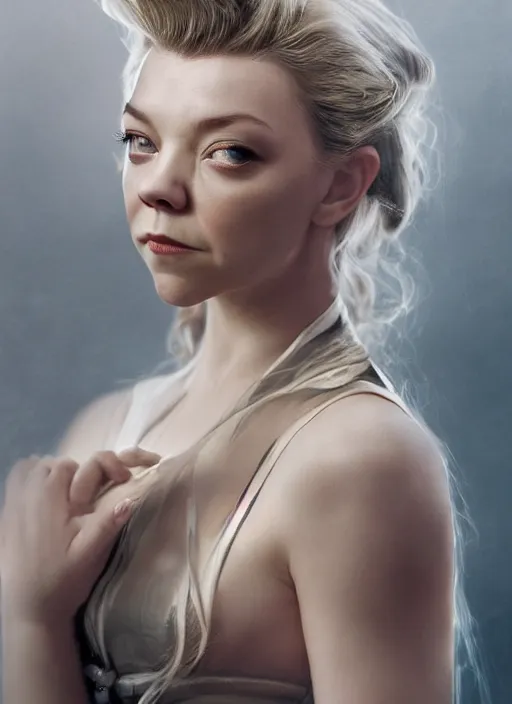 Image similar to natalie dormer wearing fox tail, depth of field, zeiss lens, detailed, symmetrical, centered, fashion photoshoot, by nicoletta ceccoli, mark ryden, lostfish, earl nore, hyung tae, frank frazetta, breathtaking, 8 k resolution, extremely detailed, beautiful, establishing shot, artistic, hyperrealistic, octane render, seductive lighting,