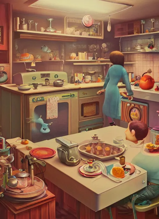 Prompt: highly detailed wide - angle portrait of a retro 1 9 6 0 s kitchen, nicoletta ceccoli, mark ryden, lostfish, earl nore, hyung tae, frank frazetta, global illumination, god rays, detailed and intricate environment