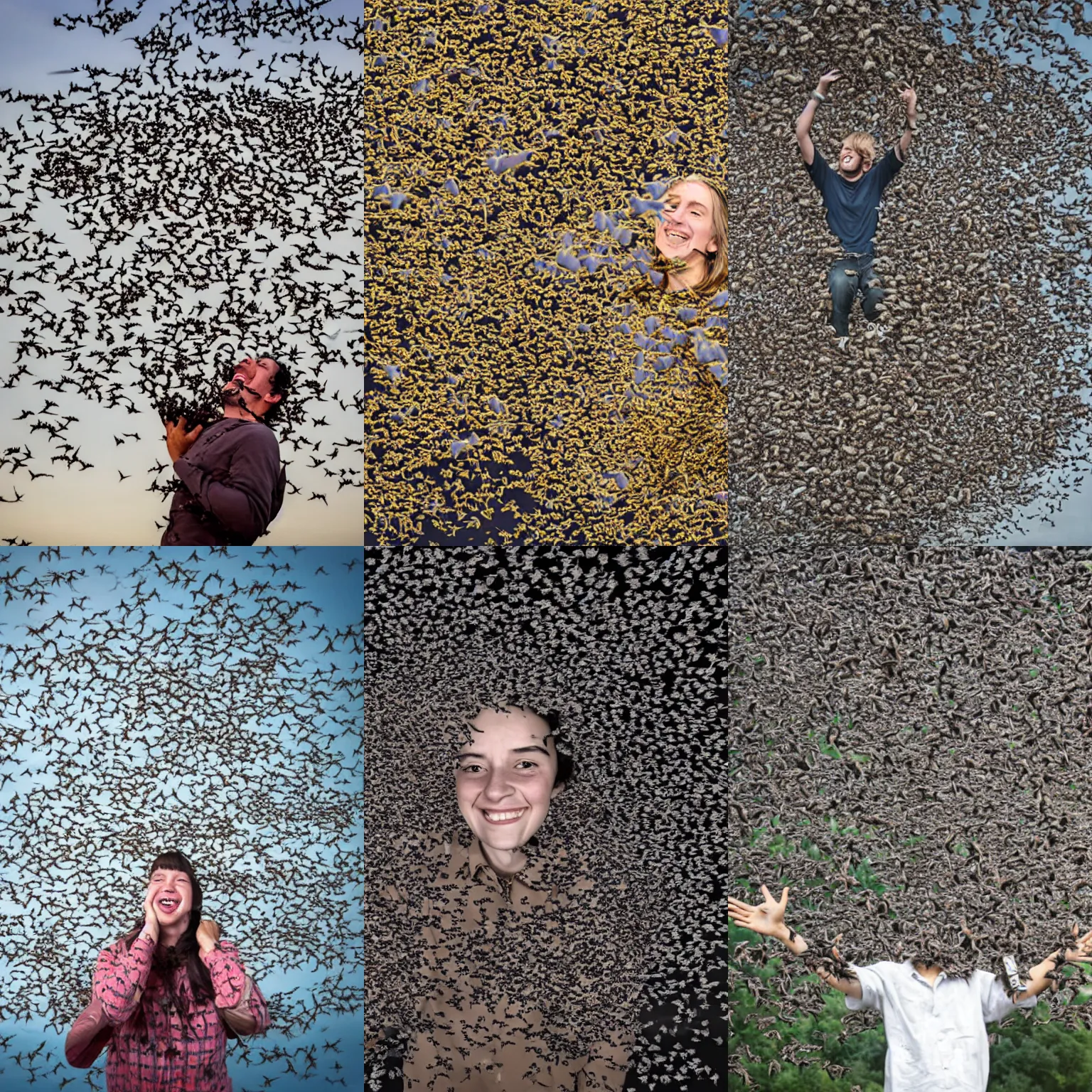 Prompt: A person happily covered in a swarm of bats | Photograph | Outdoors