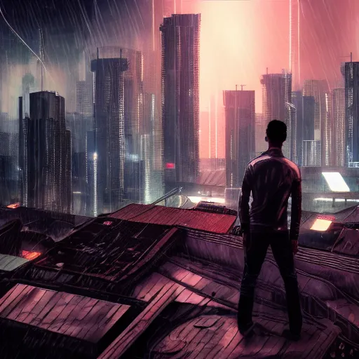 Prompt: shot of the man standing on the roof, looks at impressive cyberpunk city at night during great storm, nightscape, futuristic architecture, realistic photo, neons, blade runner, akira style, cinematic lighting, cinematic angles