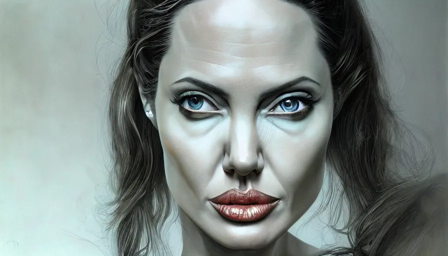 Image similar to angelina jolie by roger dean, by hr giger, biomechanical, profile portrait, hyper detailed, hyperrealism, deviantart, artstation, 4 k, highly detailed, vray rendering, unreal engine
