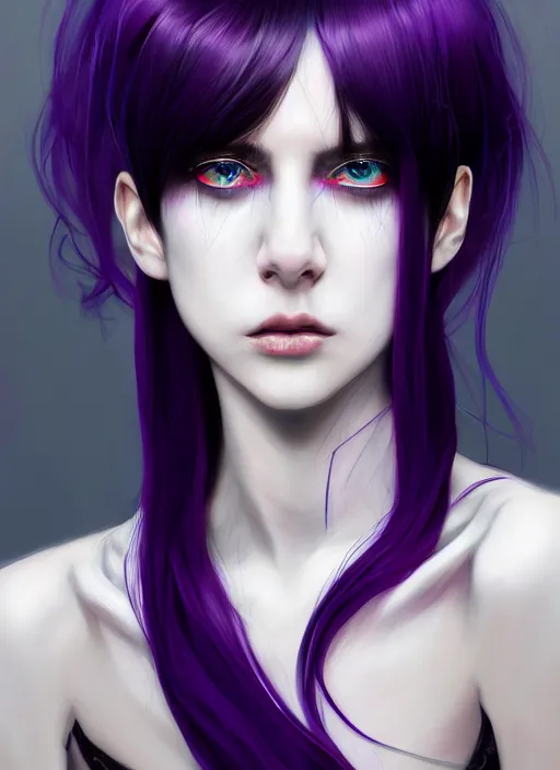 Image similar to whitebangs, black hair, black cyberlox, portrait of normal teenage girl, normal face, white bangs, fluffy bangs, cyberlox, whitebangs, red contact lenses, purple background, intricate, elegant, highly detailed, digital painting, artstation, concept art, sharp focus, smooth, illustration, art by wlop, mars ravelo and greg rutkowski