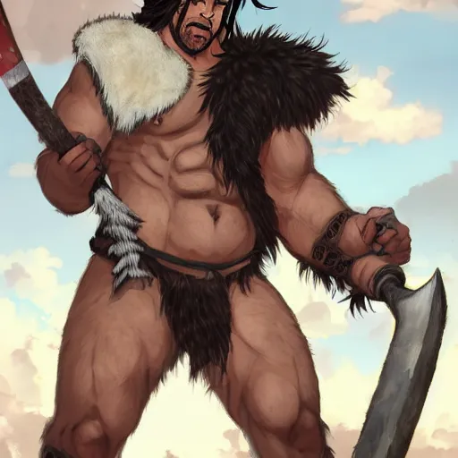 Prompt: bull man barbarian wearing a tattered loincloth with an giant axe, fursona, furry art, anthro, detailed dark brown fur, detailed long black hair, big horns, scars, anime key visual, portrait, makoto shinkai