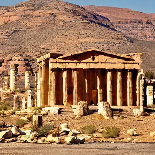 Image similar to ancient Greek Babylonian temple carved into the side of a desert Mesa