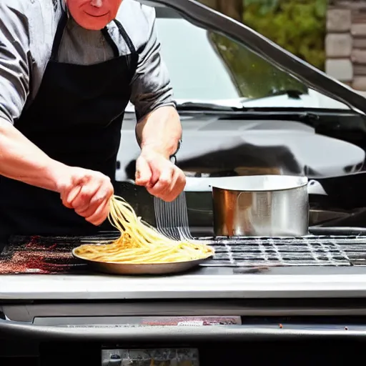 Prompt: <photo hd>Gordon Ramsey cooking spaghetti on the hood of his car</photo>