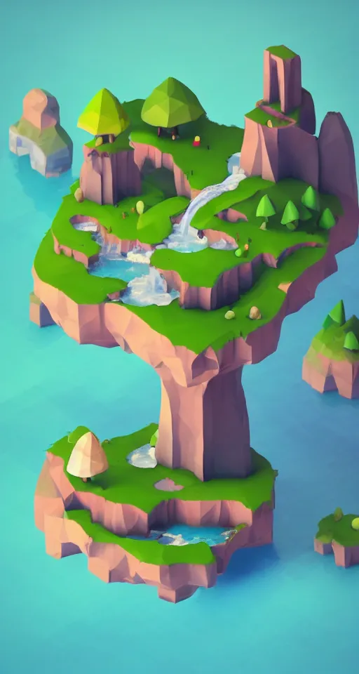 Image similar to a cute little matte low poly isometric mushroom island, waterfalls, lat lighting, soft shadows, trending on artstation, 3d render, monument valley, fez video game,