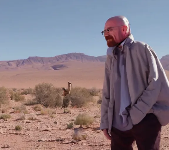 Image similar to walter white rapping in the desert, realistic, movie still