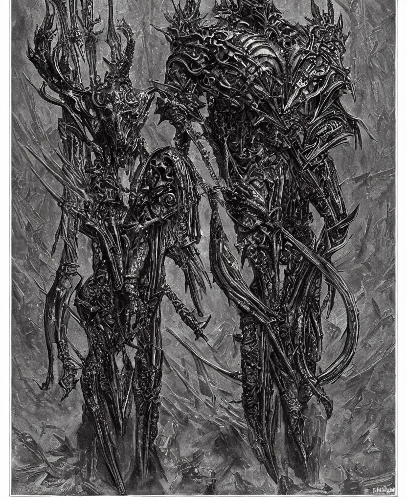 Image similar to a single filigree ornamental medieval iron and black bronze armor with skeletal features and short spikes, frontal, art by (((wayne barlowe))), hr giger, hedi xandt, foggy, dimly lit, artstation, concept art,