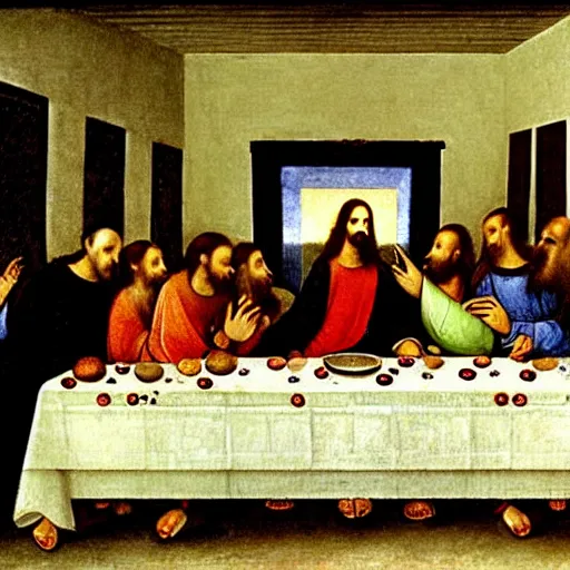 Image similar to a beautiful painting of the last supper with characters from the matrix, by Hieronymus Bosch