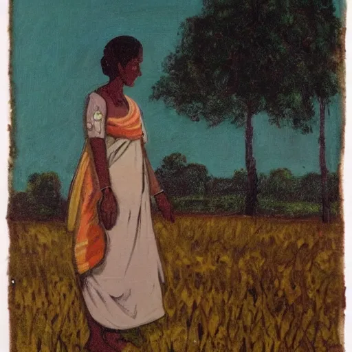 Prompt: a woman standing in a field in the style of alphonse muncha