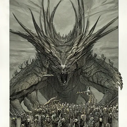 Image similar to A beautiful drawing of a large, dragon-like creature with sharp teeth, talons, and a long tail. The creature is looming over a small group of people who appear to be in distress. by Satoshi Kon, by Matthias Jung