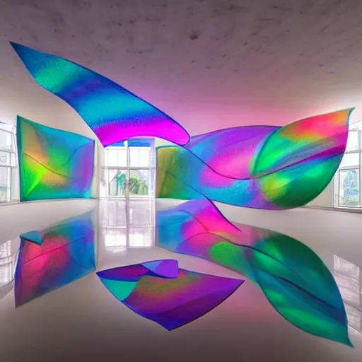 Prompt: : soft glossy hyperbolic abstract shapes art installation in museum