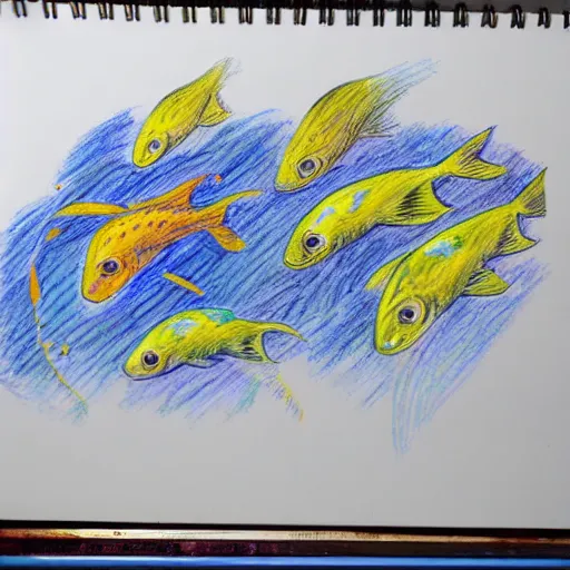 Prompt: school of fish jumping above water, color pencil sketch, maximalist, white background