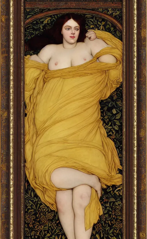 Prompt: preraphaelite full body reclining portrait photography masterpiece, facial features are a hybrid of judy garland and jo brand, thin aged 2 5, foreshortening, brown hair fringe, yellow ochre ornate medieval dress, rosetti frederic leighton ford madox brown, background by william morris and kilian eng, framed, 4 k