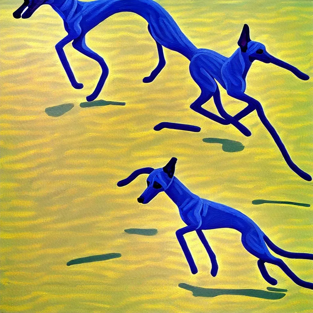 Image similar to close-up of a whippet running at beach, painting by david hockney, highly detailed