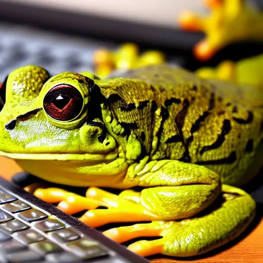 Prompt: slimy frog using a computer, HD photography, 4k desktop background