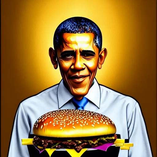 Prompt: intricate oil painting of barrack obama eating a cheese burger sitting on the iron throne, concept art, intricate, highly detailed, 8 k, takeshi obata, alphonse mucha, trending on artstation